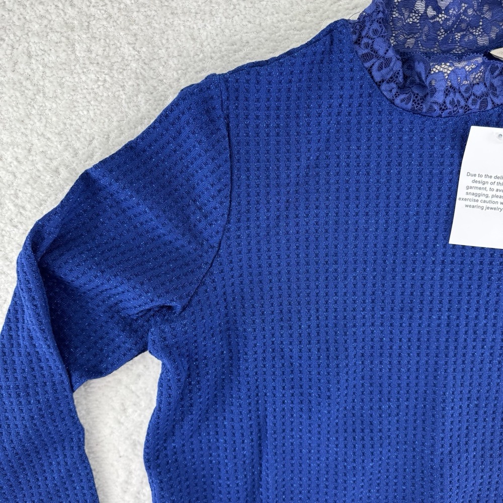 LOGO by Lori Goldstein Metallic Waffle Knit Mock Neck Top Sweater Small Blue - Picture 6 of 13